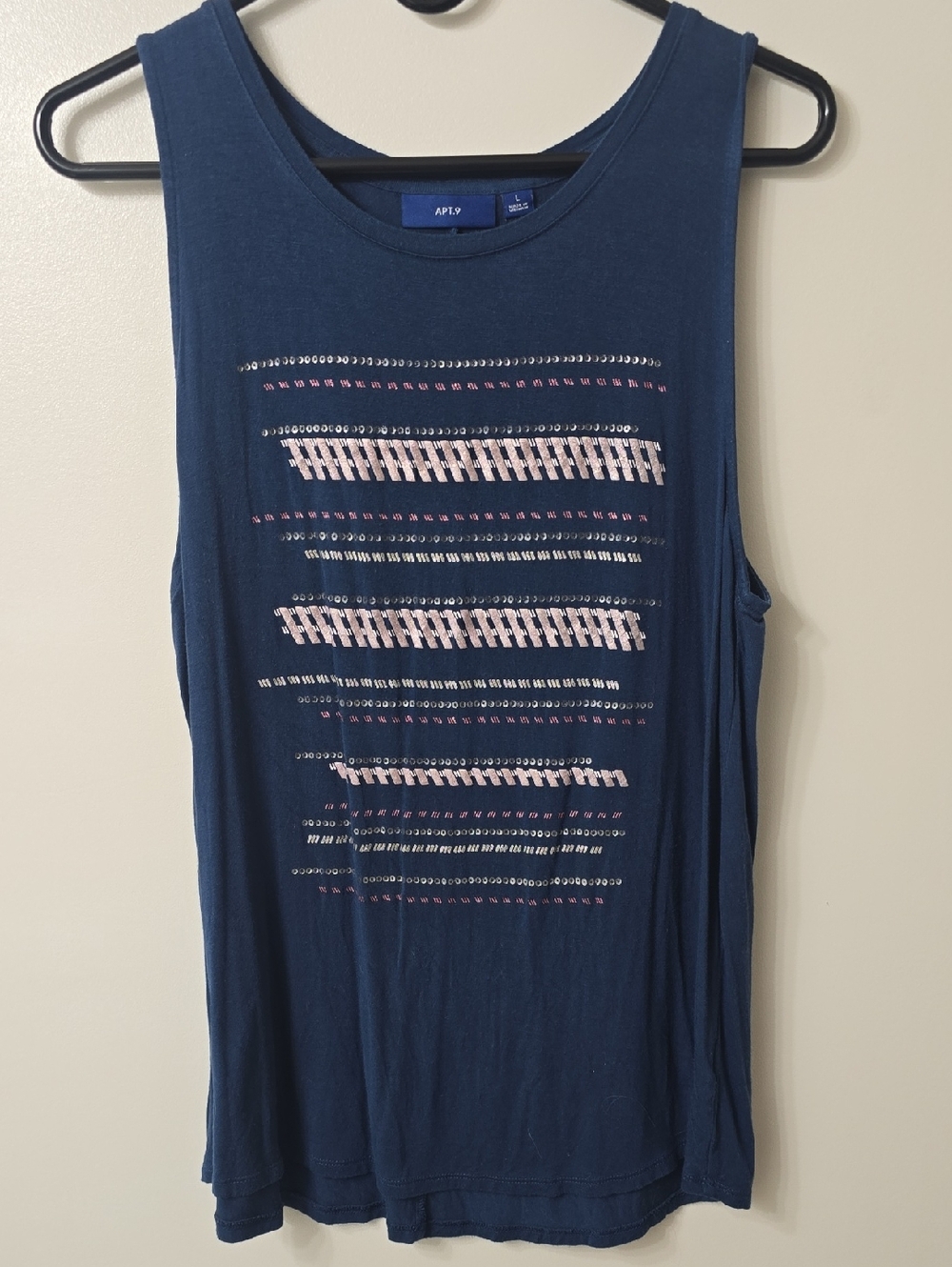 Apt. 9 Navy Tank Top with Pink and Silver Sequin Stripes